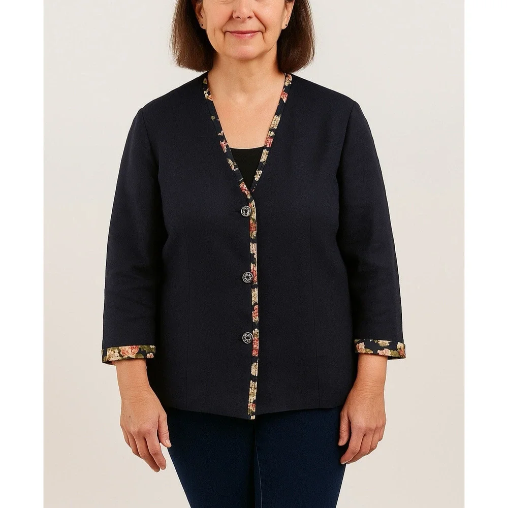 Hernando Trujillo Linen Blazer Jacket Women 8 Navy Floral‎ Trim Preppy Spring